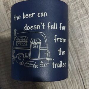 Blue Can Cooler with Fun Trailer Design